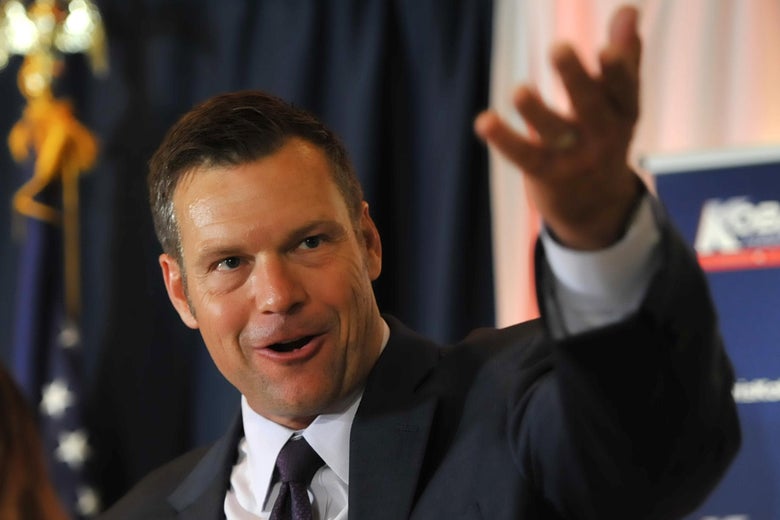 Kris Kobach speaks to supporters on primary night.